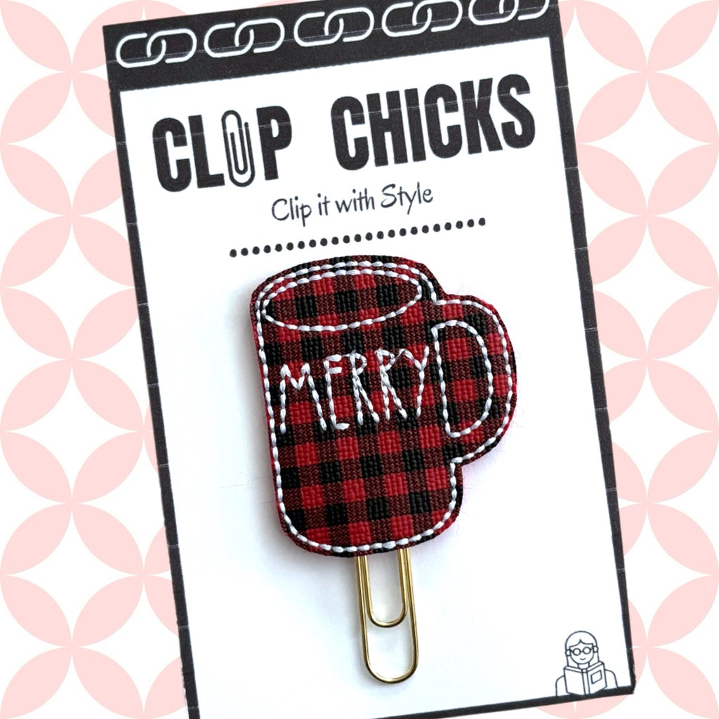 Shown is Clip Chicks' package of Merry Holiday Mug novelty paper clip.