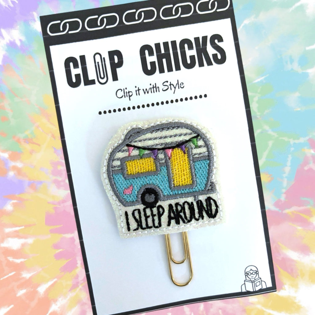 I Sleep Around camper shaped novelty paper clip from Clip Chicks is shown in original package.