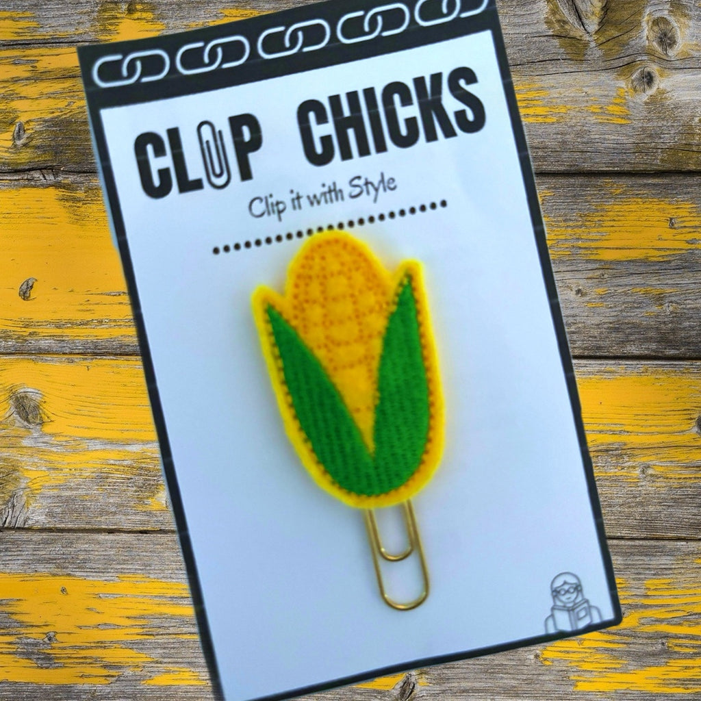 Clip Chicks corn paper clip shown in its packaging.