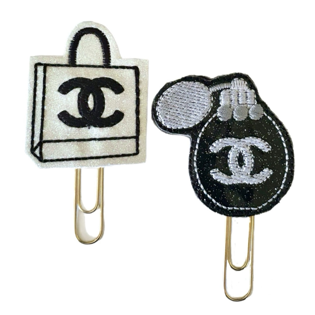 Coco Chanel inspired novelty paper clips, set includes a CHANEL handbag and perfume atomizer paper clipd to use as a bookmark, planner clip or paper organizer.