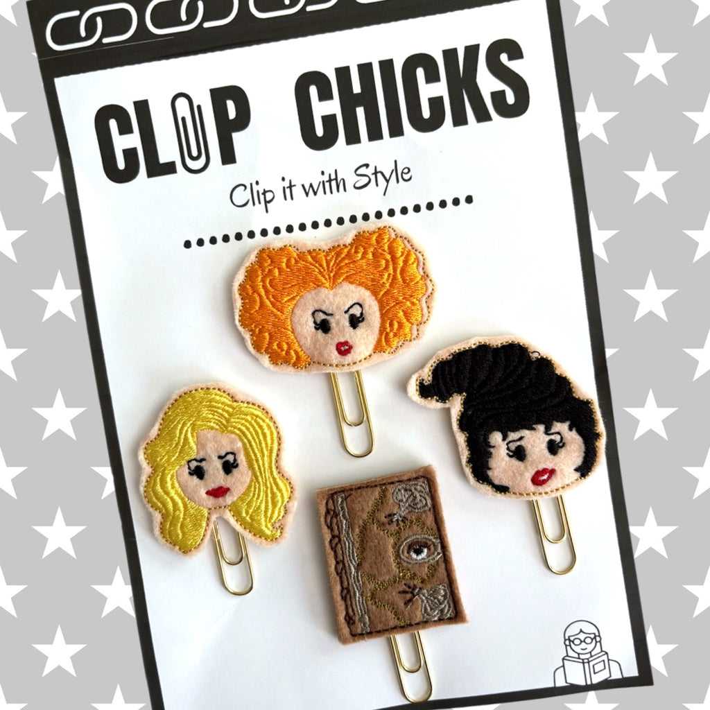 Clip chicks' Sister Witches and Spell Book set of novelty paper clips are shown in its package.