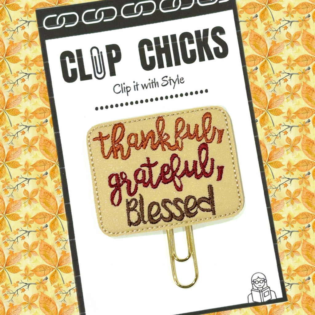 Clip Chicks' Thankful, Grateful, Blessed novelty paper clip is shown in the package.