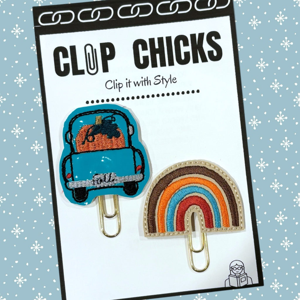 Clip Chicks' Fall Rainbow and Pickup Truck novelty paper clips in their package.