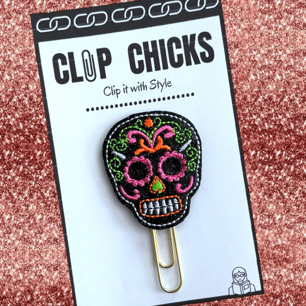 Clip Chicks' Sugar Skull novelty paper clip is shown in its package.