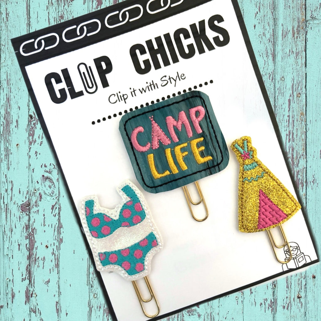 Clip chicks Camp Life trio of novelty paper clips in their package.