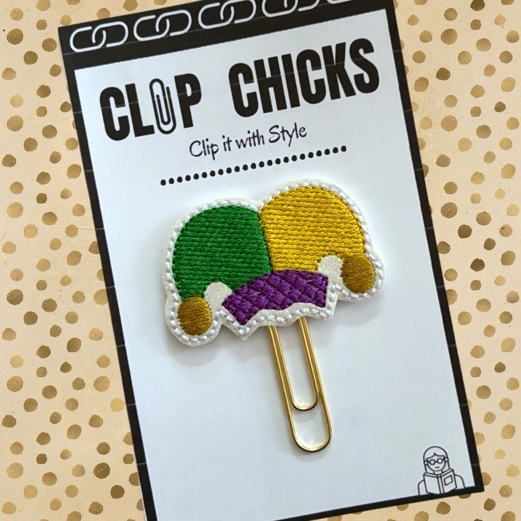 Clip Chicks' Mardis Gras Jester Hat novelty paper clip is shown in its package.