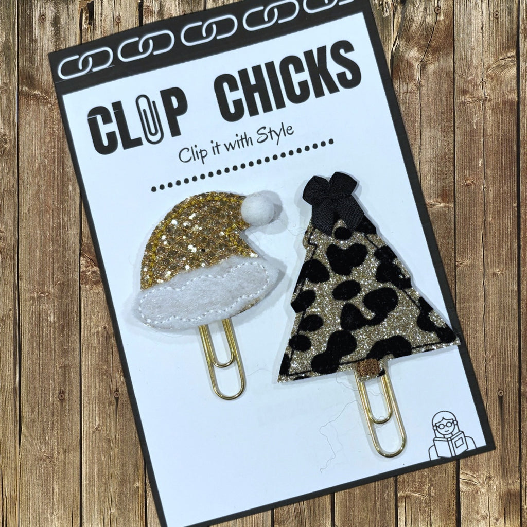 Clip Chicks' Animal Print Tree and Santa Hat set of novelty paper clips are shown in their package.