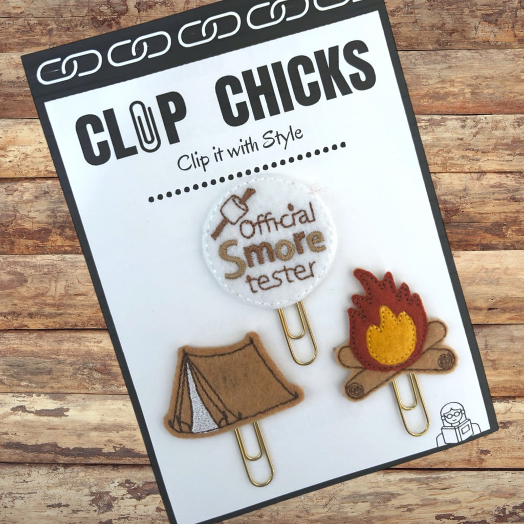 Clip Chicks' Official Smore Tester set of three novelty paper clips are shown in their adorable packaging, making them idea for gift giving and summer reading and writing incentives.