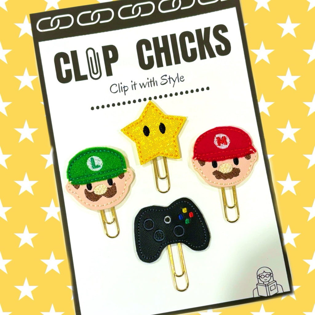 Clip Chicks' Super Bros set of four novelty paper clips are shown in its package.