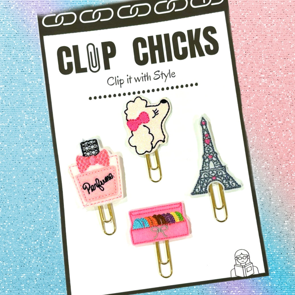 Clip Chicks' Parisian Style set of novelty paper clips are shown in their adorable package.