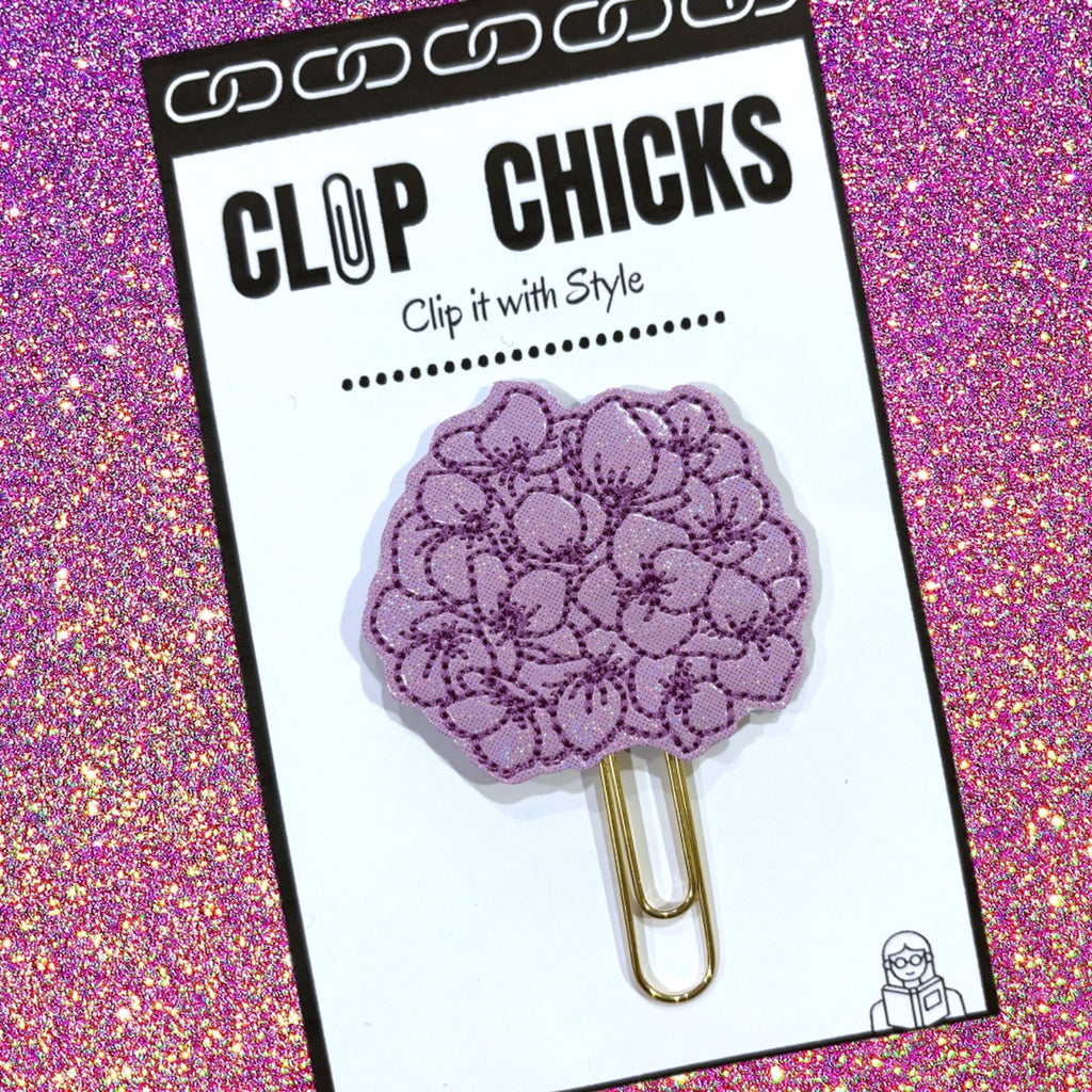 Clip Chicks' Lavender Hydrangeas novelty paper clip is shown in its packaging.