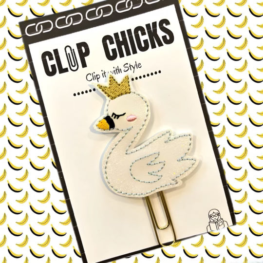 Clip Chicks LLC's Swan novelty paper clip is made from white vinyl and felt, embrodery and paper clip. Use as a bookmark, journal accessory and novelty planner clip. 