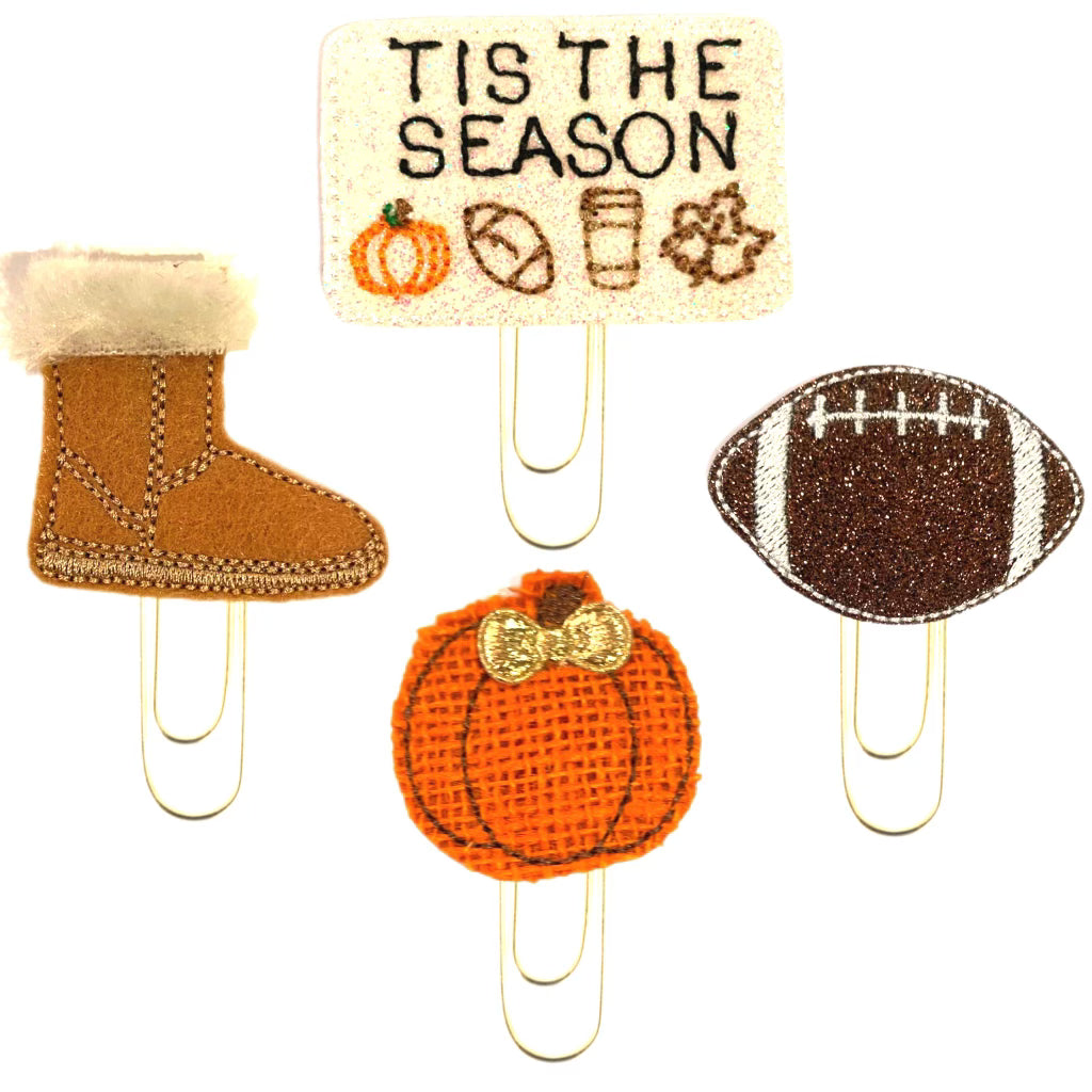 Tis the Season novelty paper clip set has four paper clips, a boot, a pumpkin, a football and a sign  that says Tis the Season.