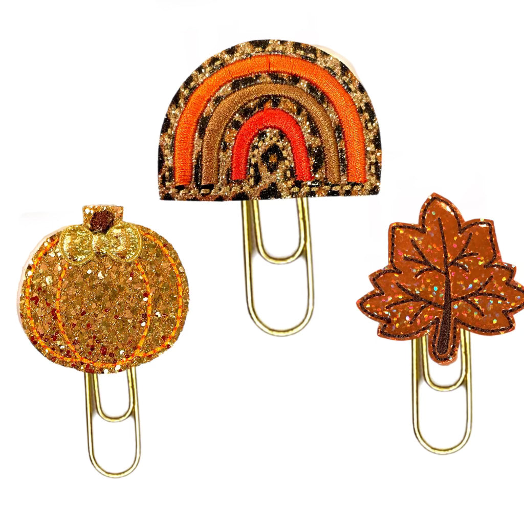 Fall leaf, Pumpkin and Rainbow set of three novelty paper clips.