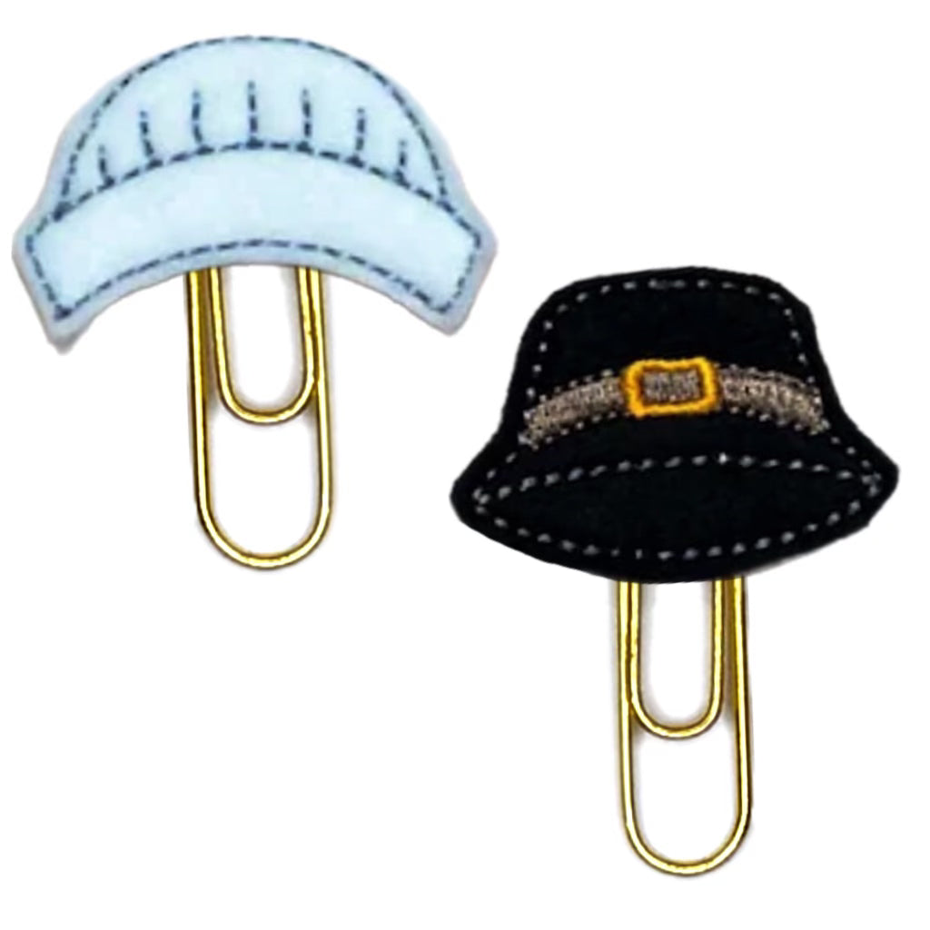 Set of two Pilgrim hat novelty paper clips.