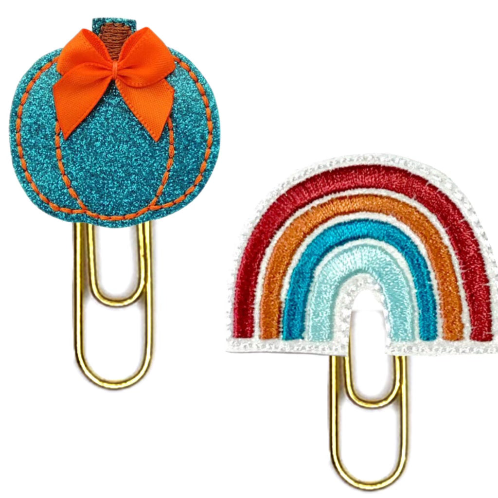 Blue Pumpkin and Autumn Rainbow novelty paper clips.