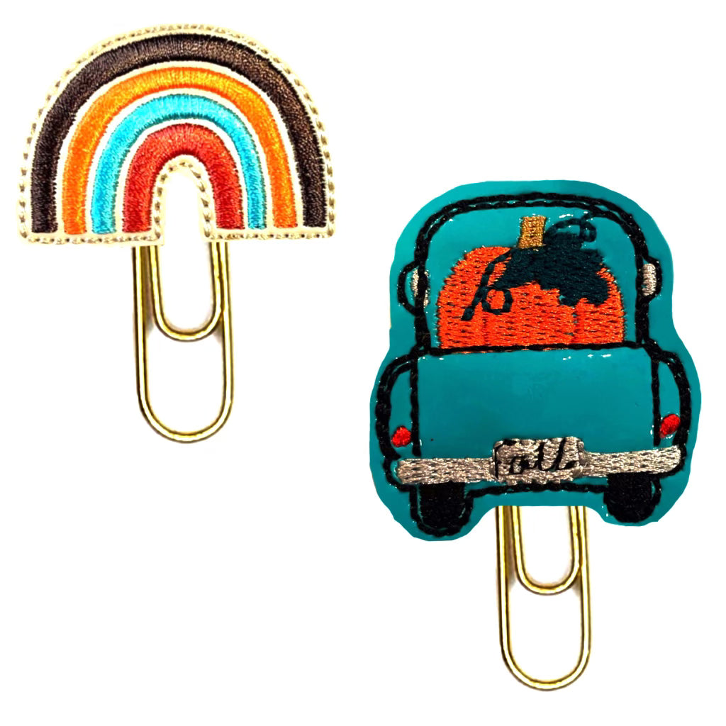 Fall Rainbow and Pickup Truck set of novelty paper clips.