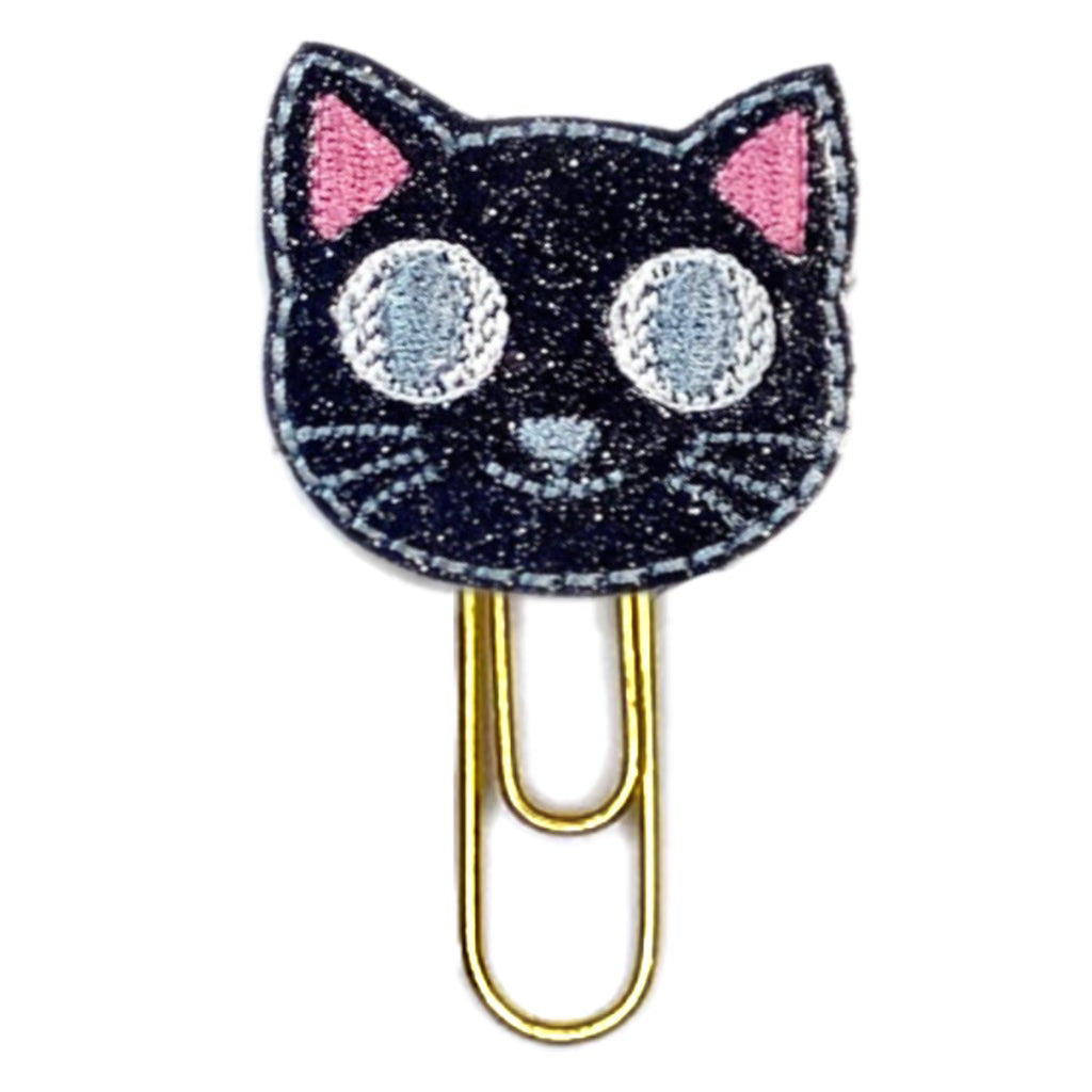 Black Cat embroidered novelty paper clip is made from black glittery vinyl, embroidery thread and is attached to a paper clip.