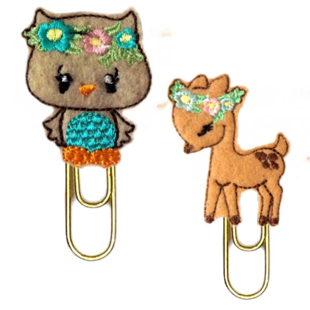 Boho Forest Animals set of two novelty paper clips made from felt and colorful thread.