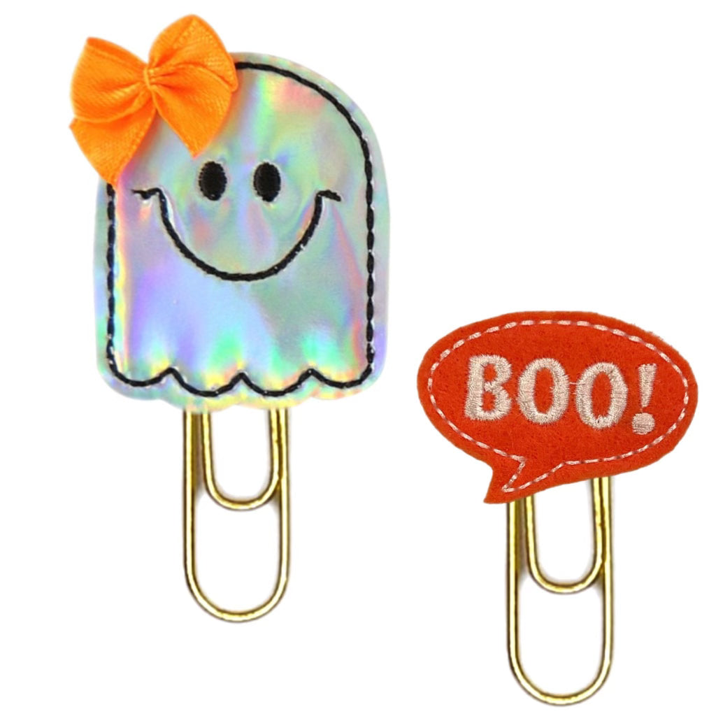 Ghost with a bow in her hair and a Boo make up the set of Halloween themed novelty paper clips.