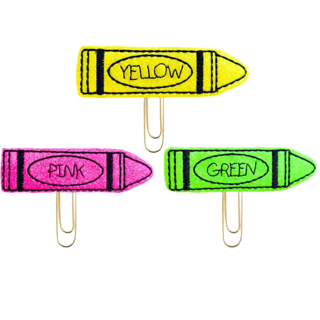 A yellow, a pink and a green crayon novelty paper clips complete this trio of Clip Chicks Crayon Trio.