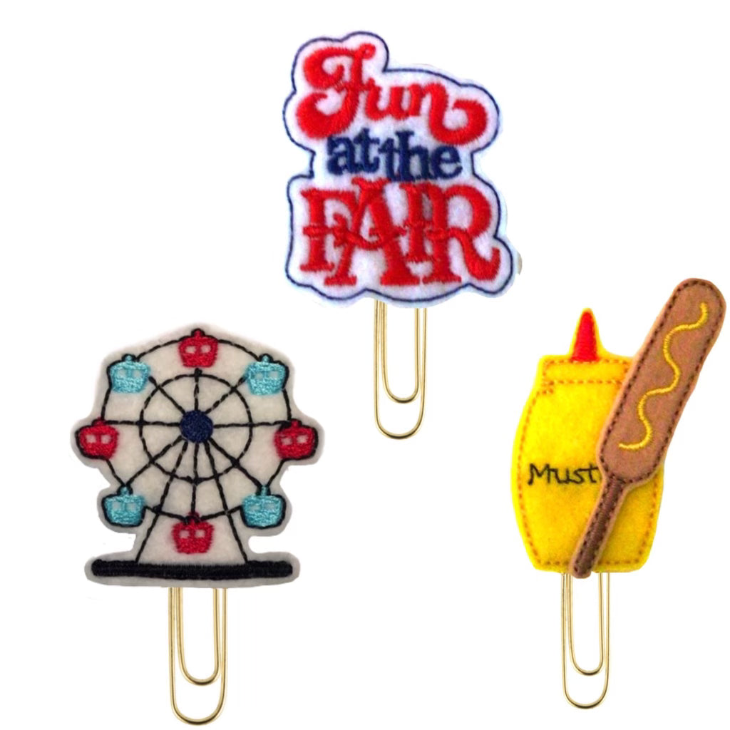 Fun at the Fair trio of novelty paper clips from Clip Chicks include a ferris wheel, a corn dog with mustard, and a Fun at the Fair sign.