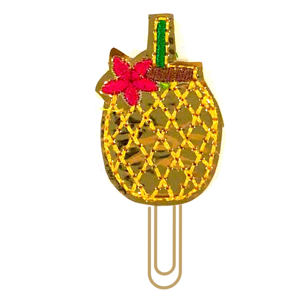 Shiny gold pineapple drink with little pink flower makes an adorable summertime novelty paper clip from Clip Chicks.