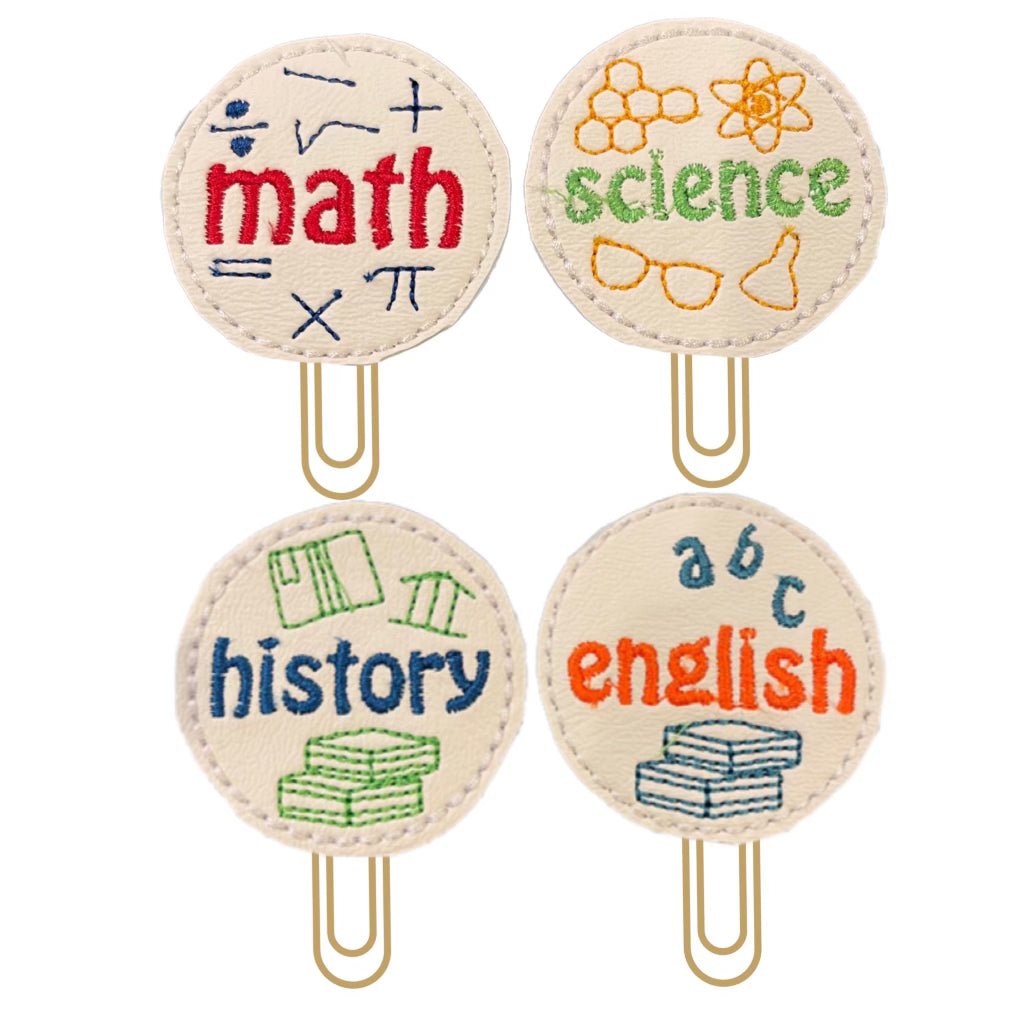 Set of four School Subject novelty paper clips from Clip Chicks.