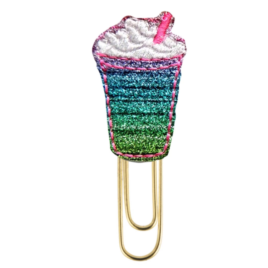 Clip Chicks' Shimmery Frappe novelty paper clip is a glittery  ombre  gem complete with a dollop of whipped cream to top off this embroidered bookmark/planner clip.