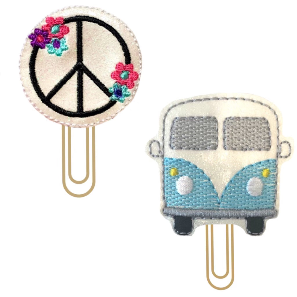 Peace Sign and Retro Van novelty paper clipos are shown from Clip Chicks LLC.